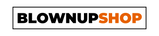 Logo of Blown Up Shop with black and orange text on a white background